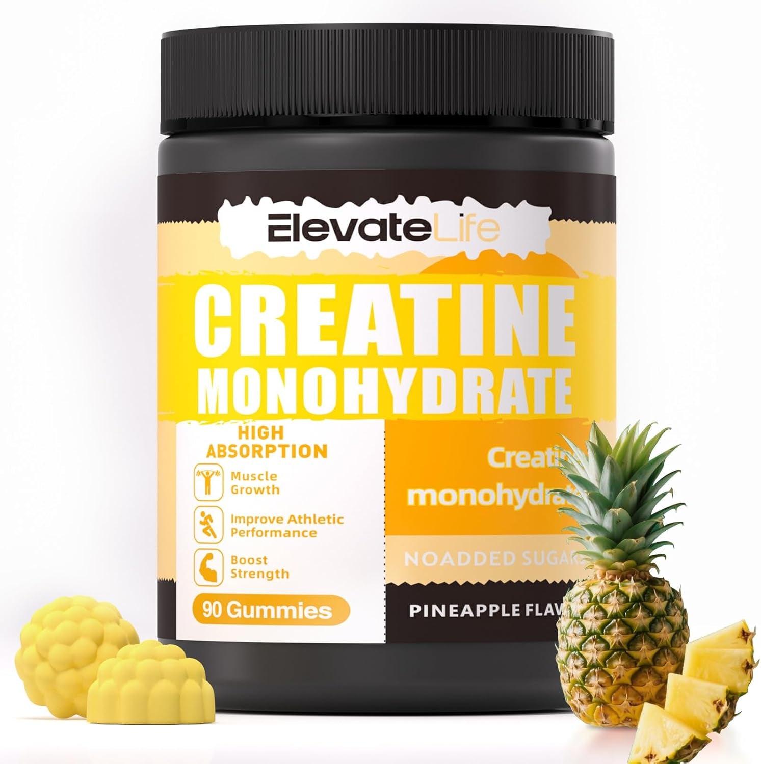 NSF Certified Creatine Monohydrate Gummies 5000Mg for Men & Women, Chewables Creatine Monohydrate for Muscle Strength, Muscle Builder, Energy Boost, Pre-Workout Supplement-90 Pineapple
