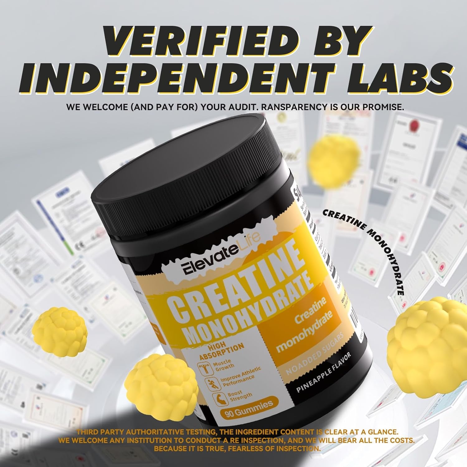 NSF Certified Creatine Monohydrate Gummies 5000Mg for Men & Women, Chewables Creatine Monohydrate for Muscle Strength, Muscle Builder, Energy Boost, Pre-Workout Supplement-90 Pineapple