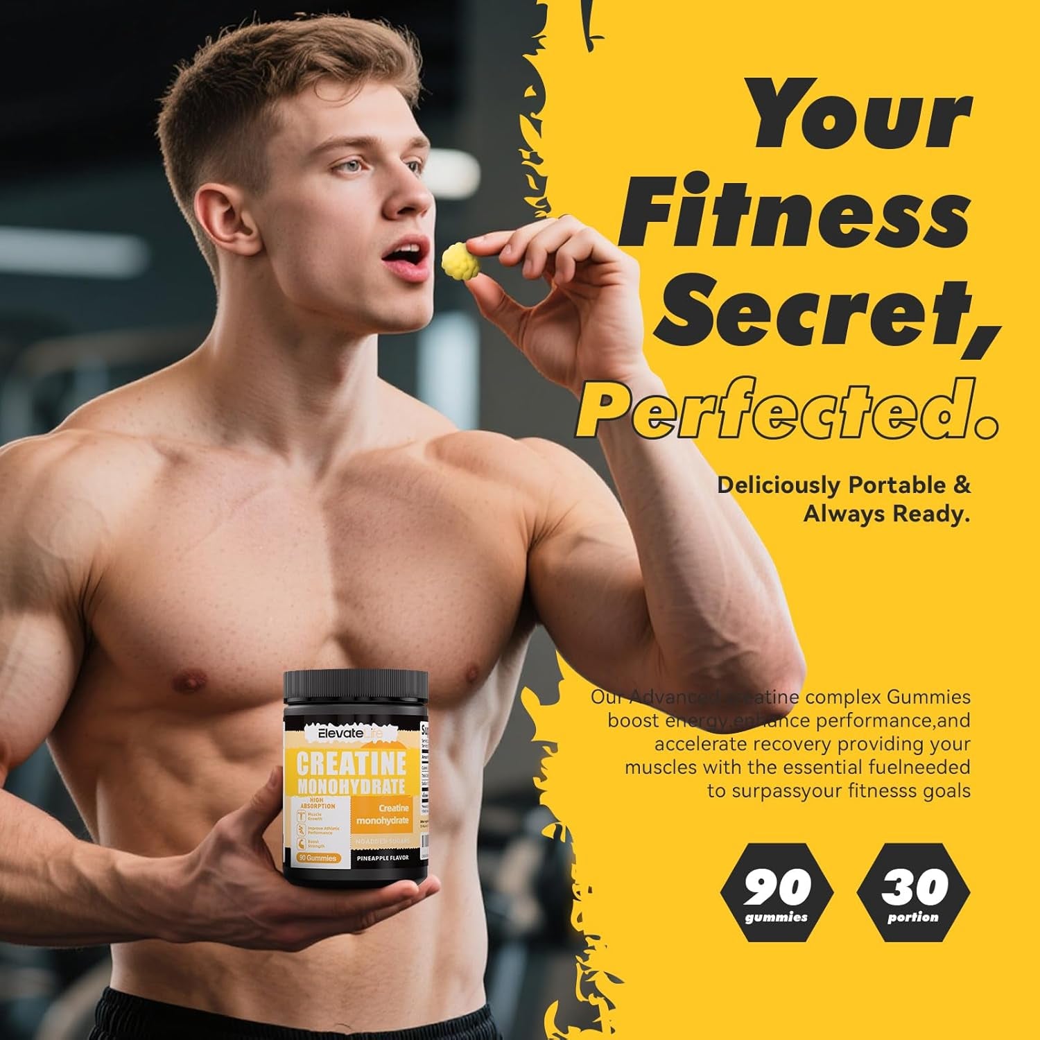 NSF Certified Creatine Monohydrate Gummies 5000Mg for Men & Women, Chewables Creatine Monohydrate for Muscle Strength, Muscle Builder, Energy Boost, Pre-Workout Supplement-90 Pineapple