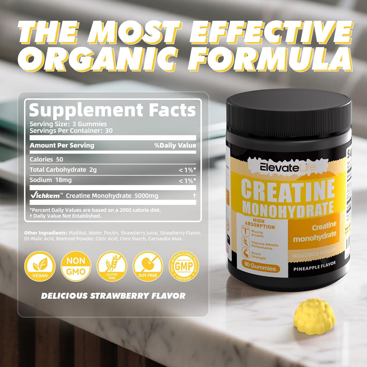 NSF Certified Creatine Monohydrate Gummies 5000Mg for Men & Women, Chewables Creatine Monohydrate for Muscle Strength, Muscle Builder, Energy Boost, Pre-Workout Supplement-90 Pineapple