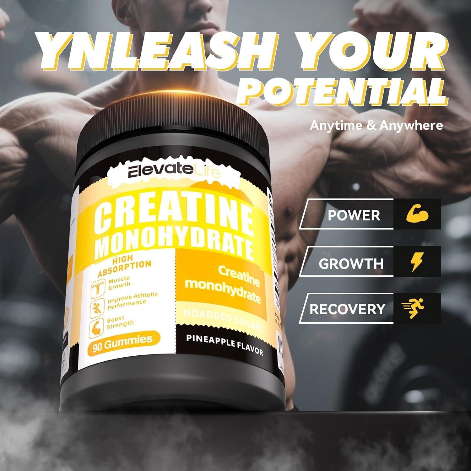 NSF Certified Creatine Monohydrate Gummies 5000Mg for Men & Women, Chewables Creatine Monohydrate for Muscle Strength, Muscle Builder, Energy Boost, Pre-Workout Supplement-90 Pineapple