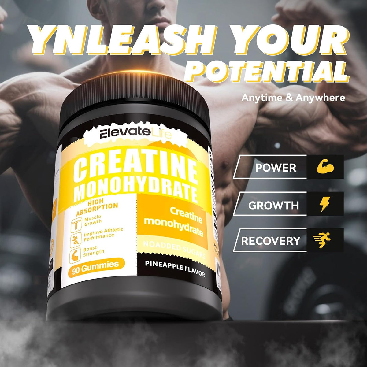 NSF Certified Creatine Monohydrate Gummies 5000Mg for Men & Women, Chewables Creatine Monohydrate for Muscle Strength, Muscle Builder, Energy Boost, Pre-Workout Supplement-90 Pineapple